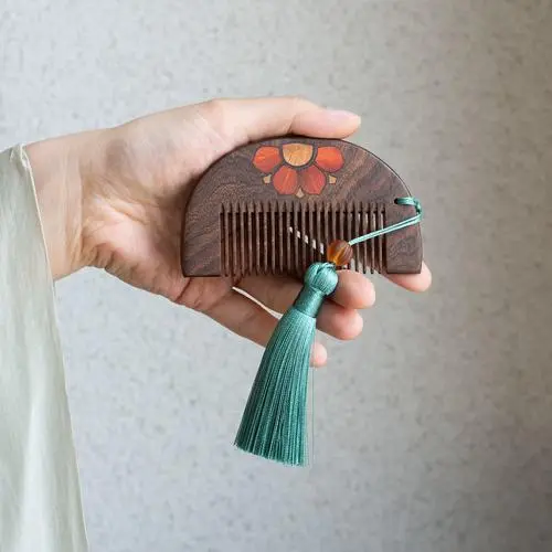 Handcrafted Indonesian Rosewood Cat Ear Comb | Scalp Gua Sha & Meridian Massage Tool - Buddha Bodhis Green Sandalwood wide tooth comb texture detail