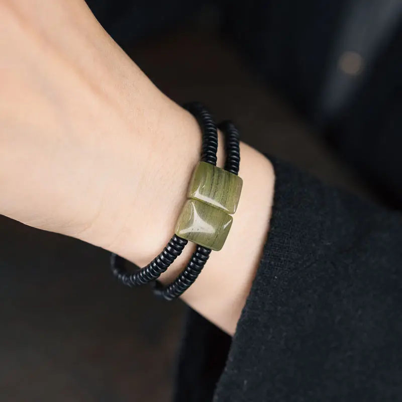 Green Silk Jade Ebony Bracelet Modern Zen Jewelry (2) Green Silk Jade Ebony Bracelet Modern Zen Jewelry