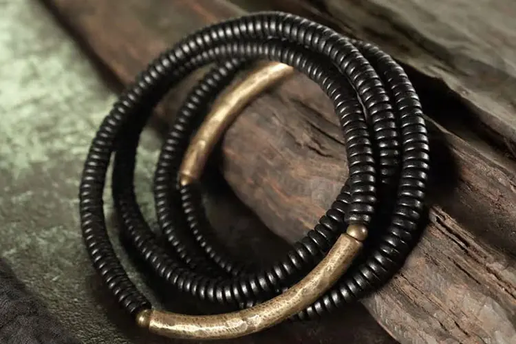 Hammered Brass Ebony Bracelet | Wabi Sabi Wrap Jewelry 5 - Buddha Bodhis Hammered Brass Ebony Bracelet Wabi Sabi Wrap Jewelry