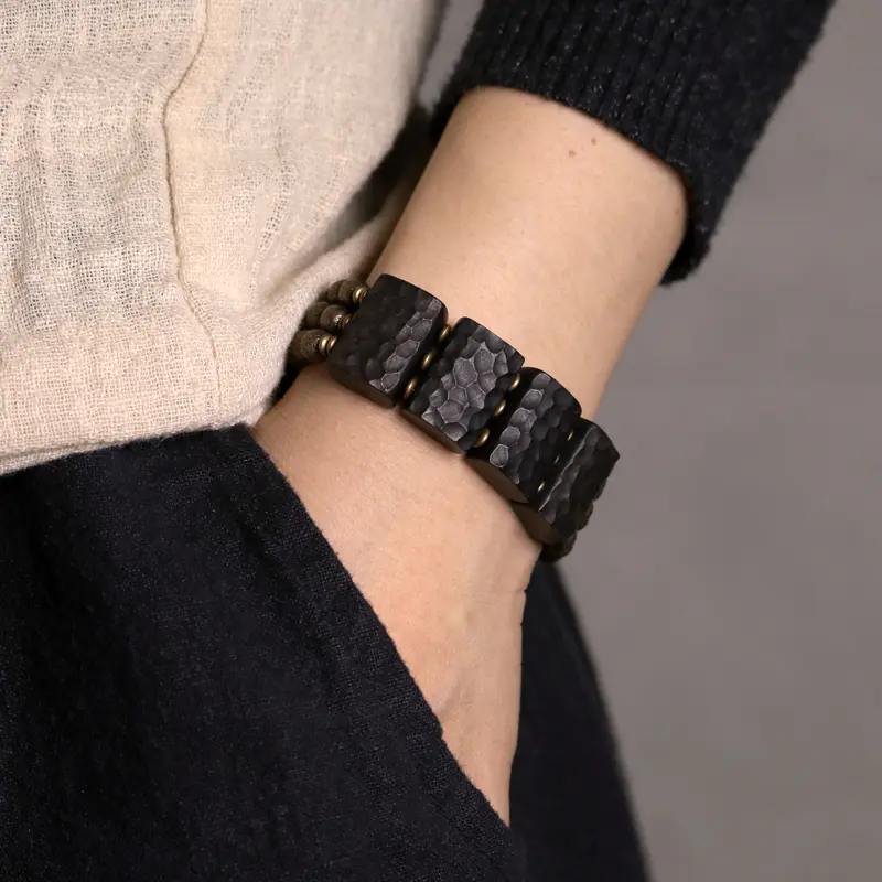 Hand-Carved Ebony Brass Bracelet Wabi Sabi Grounding (2) Hand-Carved Ebony Brass Bracelet Wabi Sabi Grounding