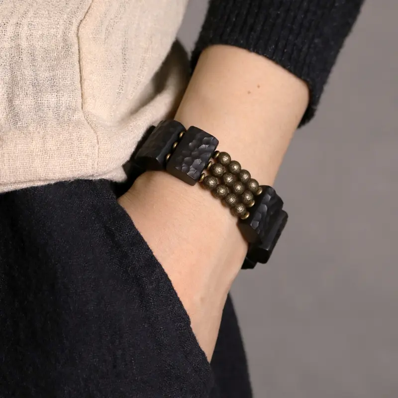 Hand-Carved Ebony Brass Bracelet Wabi Sabi Grounding (3) Hand-Carved Ebony Brass Bracelet Wabi Sabi Grounding