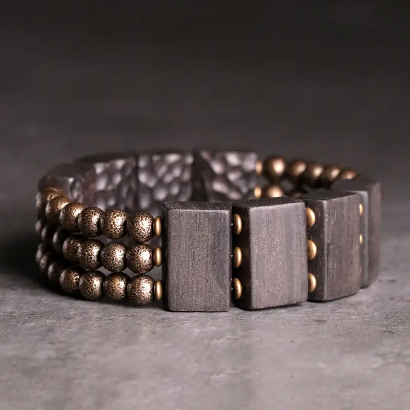 Hand-Carved Ebony Brass Bracelet Wabi Sabi Grounding (4) Hand-Carved Ebony Brass Bracelet Wabi Sabi Grounding