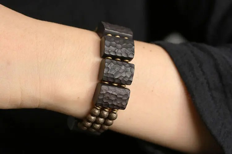 Hand-Carved Ebony Brass Bracelet | Wabi Sabi Grounding 7 - Buddha Bodhis Hand-Carved Ebony Brass Bracelet Wabi Sabi Grounding