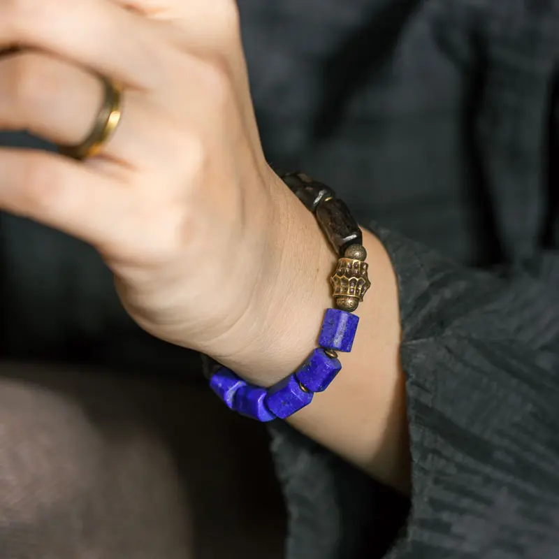 Lapis Lazuli Ebony Bracelet Set | Grounded Wisdom 1 - Buddha Bodhis Wearing Lapis Lazuli Bracelet on Right Hand
