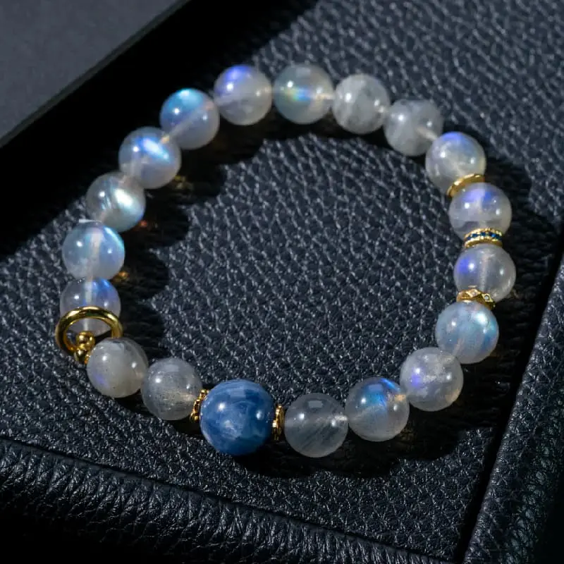Grey Moonstone & Strawberry Quartz Wu Lou Bracelet | Health & Intuition - Buddha Bodhis Natural Blue Sheen Moonstone for New Beginnings