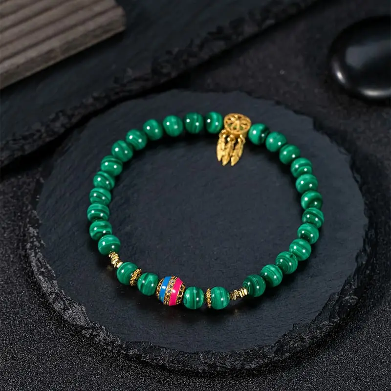Natural 5mm Malachite & Golden Bamboo Bracelet | Transformation & Growth - Buddha Bodhis Natural Green Malachite Stone for Transformation