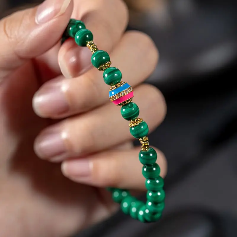 Natural 5mm Malachite & Golden Bamboo Bracelet | Transformation & Growth 1 - Buddha Bodhis Wearing Malachite Bracelet on Left Hand