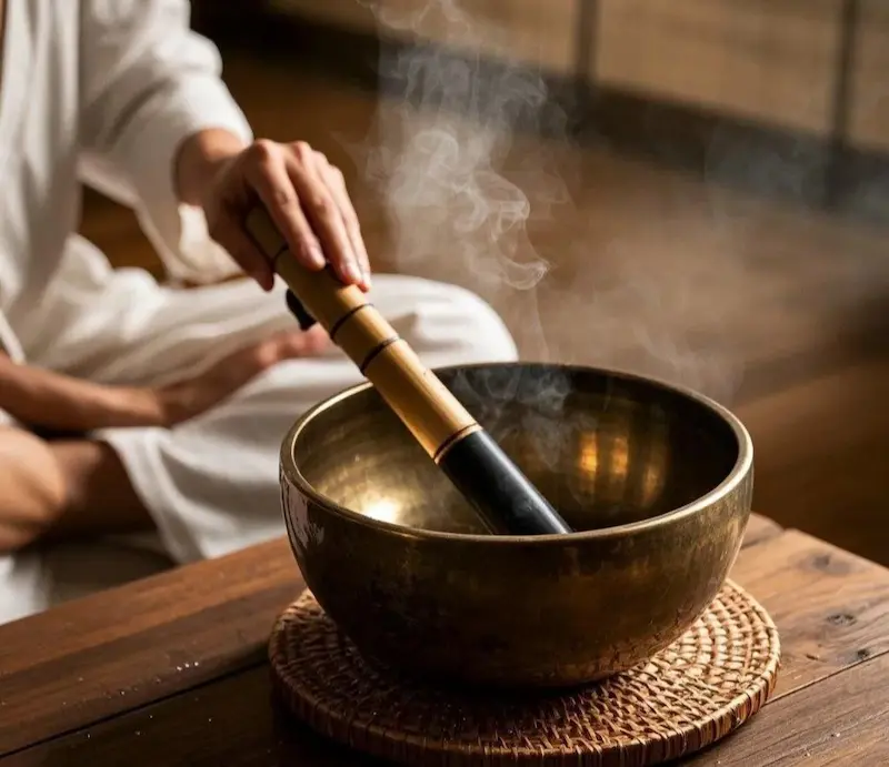 1 - Buddha Bodhis Playing a Singing Bowl with Wooden Mallet