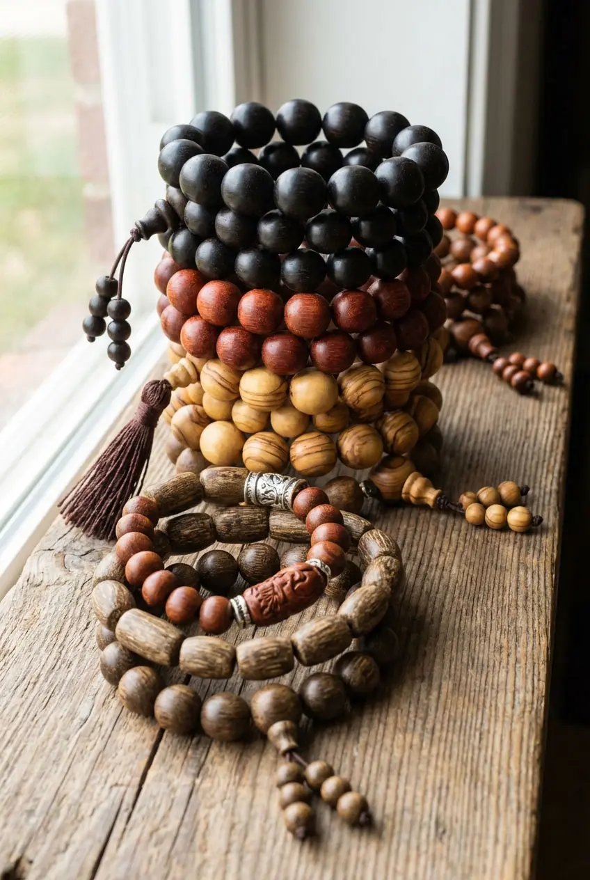 Ebony Wood Bracelet | Hammered Brass Grounding Jewelry - Buddha Bodhis Sandalwood and Bodhi seed mala beads texture comparison