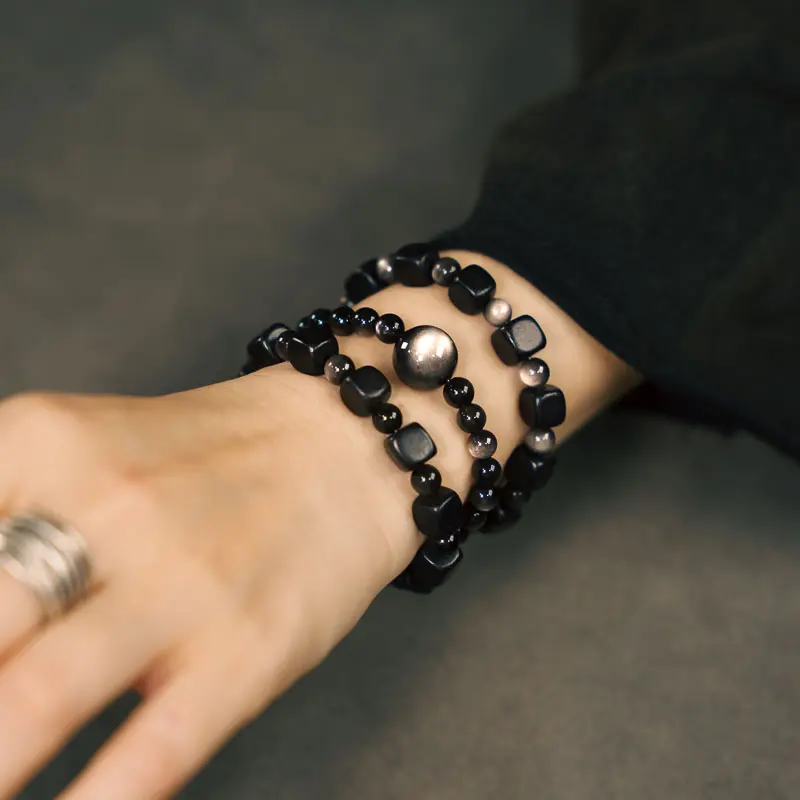 Silver Obsidian Ebony Bracelet Set Cosmic Grounding (3) Silver Obsidian Ebony Bracelet Set Cosmic Grounding