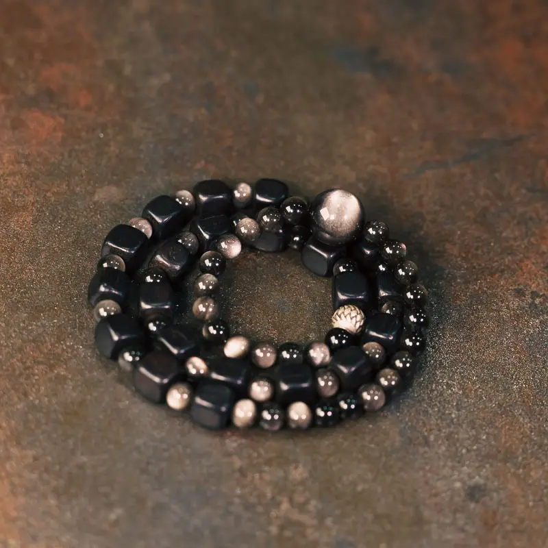Silver Obsidian Ebony Bracelet Set Cosmic Grounding (4) Silver Obsidian Ebony Bracelet Set Cosmic Grounding