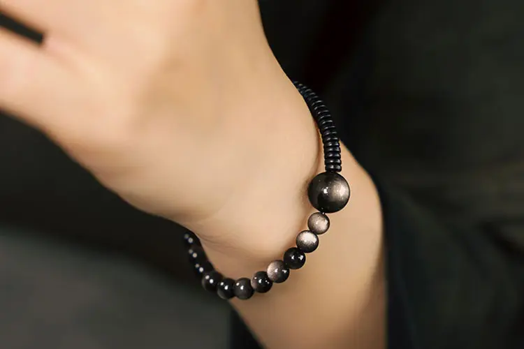 Silver Sheen Obsidian Bracelet & Ebony | Cosmic Grounding 7 - Buddha Bodhis Silver Sheen Obsidian Bracelet & Ebony Cosmic Grounding