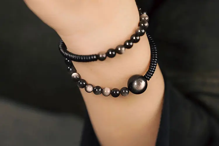 Silver Sheen Obsidian Bracelet & Ebony | Cosmic Grounding 7 - Buddha Bodhis Silver Sheen Obsidian Bracelet & Ebony Cosmic Grounding