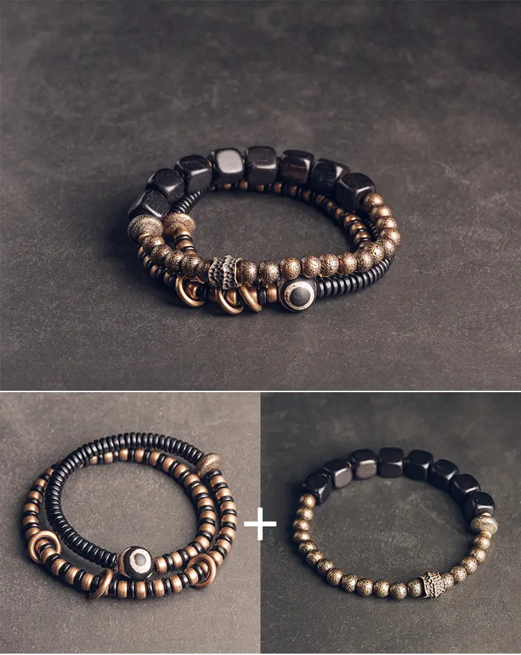 The Sacred Path: A 2-Piece Ebony and Dzi Bracelet Set 5 - Buddha Bodhis The Sacred Path A 2-Piece Ebony and Dzi Bracelet Set