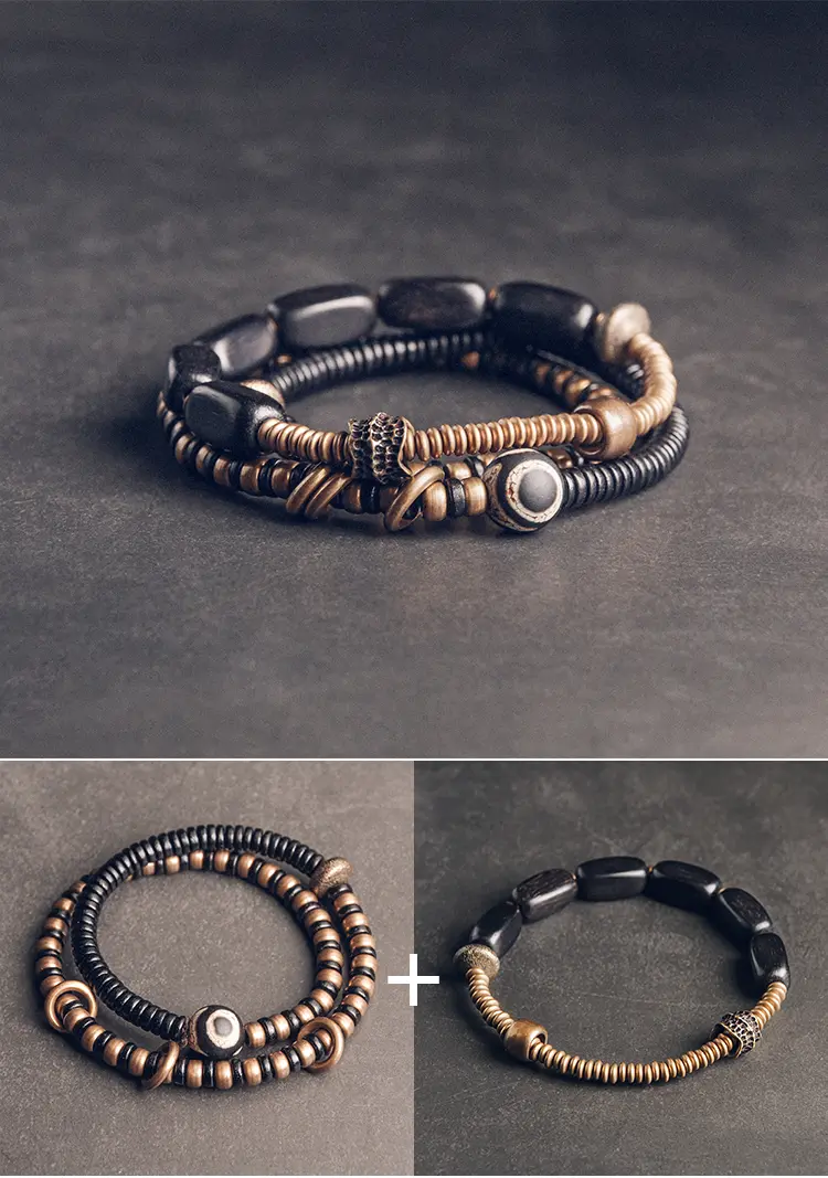 The Sacred Path: A 2-Piece Ebony and Dzi Bracelet Set 6 - Buddha Bodhis The Sacred Path A 2-Piece Ebony and Dzi Bracelet Set