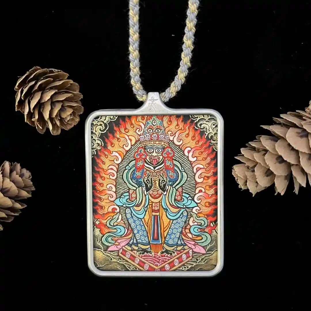 Tibetan Dzi Bead Mala | Ebony Wood Tassel Bracelet 1 - Buddha Bodhis Detail of hand painted Tibetan Thangka of Green Tara