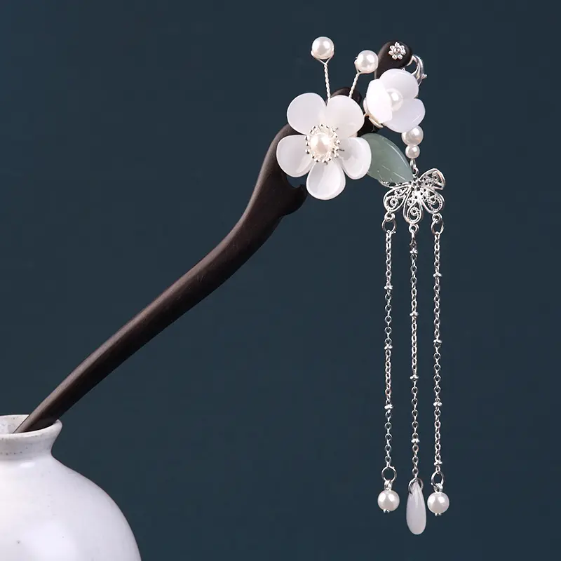 Minimalist U-Shaped Metal Hair Fork with Luster Pearl | Secure Bun Holder for Focus 1 - Buddha Bodhis Detail of lotus flower carving on sandalwood hair stick