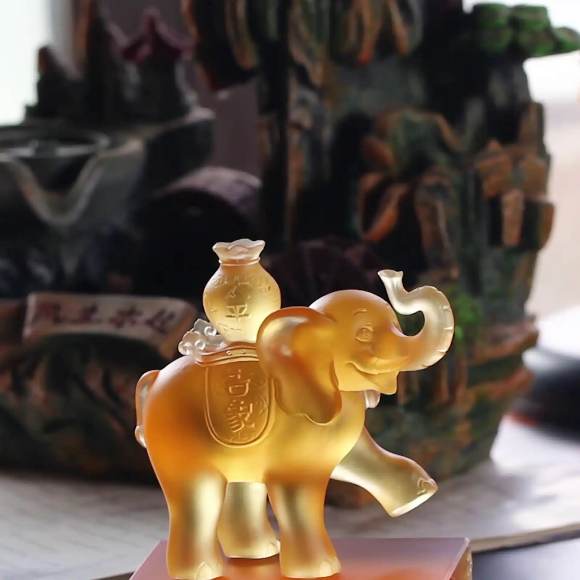 Handcrafted 3D Feng Shui Prosperity Frame | Wu Lou & Arowana for Wealth & Health 1 - Buddha Bodhis Translucent Liuli Crystal Feng Shui Statue