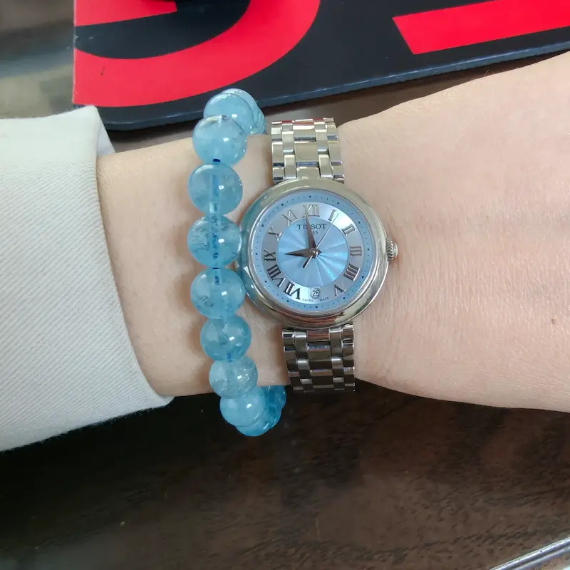 Natural Aquamarine & Golden Pumpkin Bracelet | Calm, Luck & Abundance 1 - Buddha Bodhis Wearing Aquamarine Bracelet on Left Hand