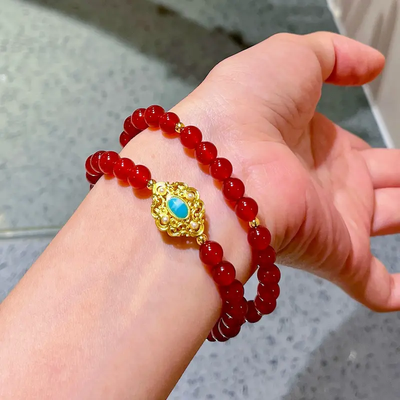 Handcrafted Hetian Jade Bracelet | Calming Eaglewood & Southern Red Agate Amulet 1 - Buddha Bodhis Wearing Carnelian Bracelet on Right Hand