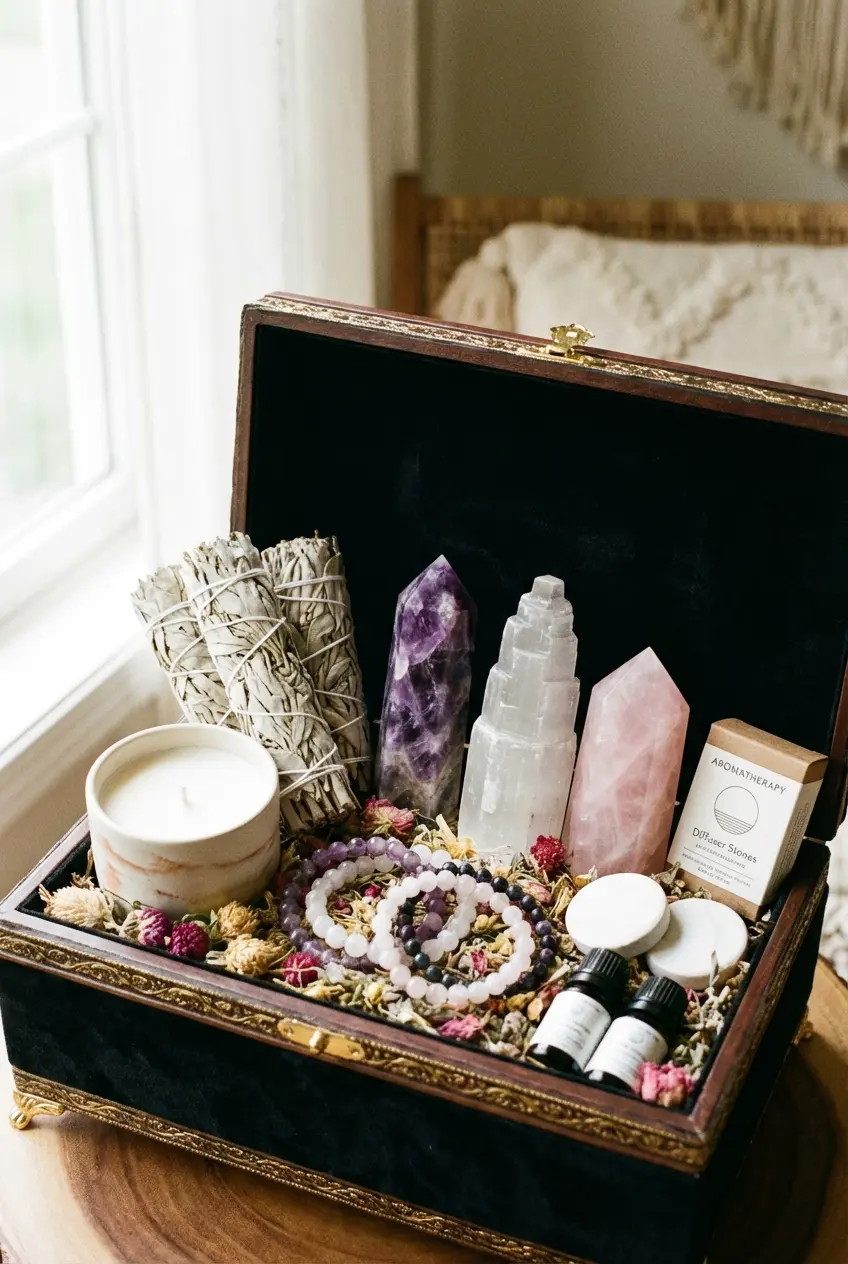 Handcrafted Natural Crystal Spell Jars | Energy Manifestation Bottle for Altar & Healing - Buddha Bodhis 7 chakra healing crystal and bracelet gift set