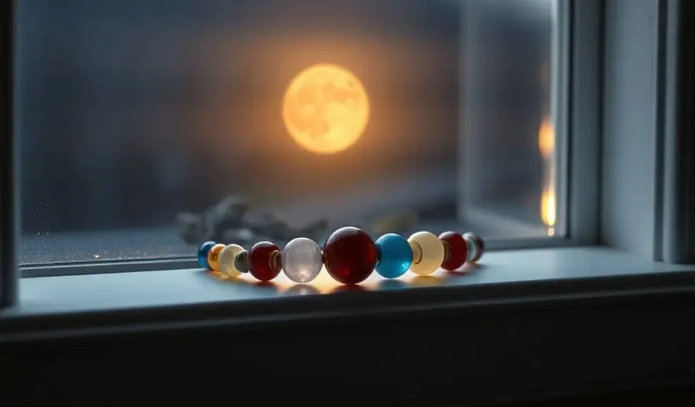 7 Chakra Bracelet Meaning & Benefits: A Guide to Spiritual Balance 3 - Buddha Bodhis A 7 Chakra bracelet being energetically cleansed under the glow of the full moon.