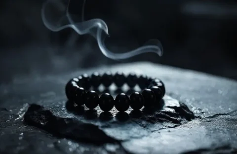 A black obsidian bracelet for spiritual protection, resting on a dark slate surface in a serene, zen setting with a wisp of cleansing smoke.
