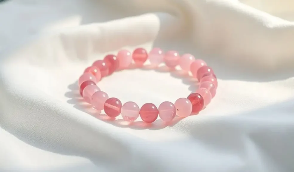 The Meaning of a Rose Quartz Bracelet: A Guide to Its Healing Properties and Benefits - Buddha Bodhis A delicate, handcrafted rose quartz bead bracelet lay quietly on soft white linen, bathed in the gentle light of the early morning.