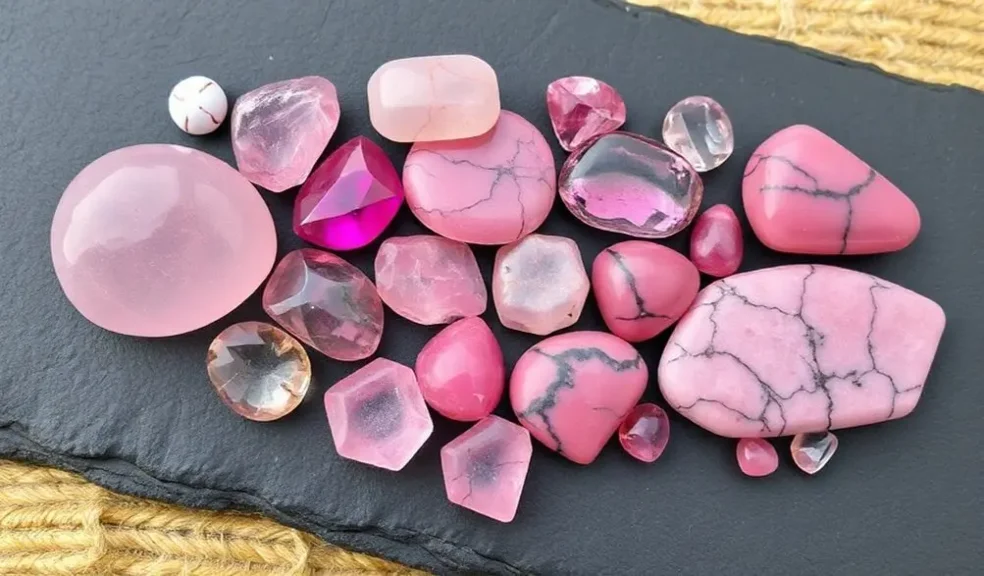 The Meaning of a Rose Quartz Bracelet: A Guide to Its Healing Properties and Benefits 2 - Buddha Bodhis A flat lay photograph of various pink gemstones, including pale pink quartz, vibrant pink tourmaline, and rhodonite.