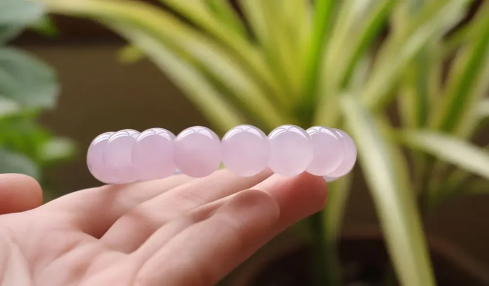 The Meaning of a Rose Quartz Bracelet: A Guide to Its Healing Properties and Benefits 1 - Buddha Bodhis A hand gently holds a pink quartz bracelet.