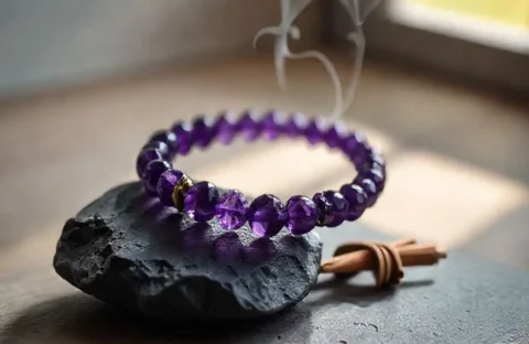 A handcrafted amethyst bracelet with deep purple beads resting on a slate stone in a serene, zen setting with spiritual lighting.