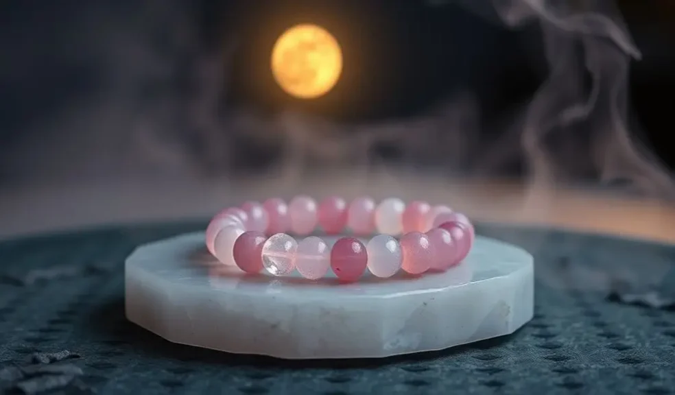 The Meaning of a Rose Quartz Bracelet: A Guide to Its Healing Properties and Benefits 3 - Buddha Bodhis A rose quartz bracelet rested quietly on a selenite charging plate, bathed in the soft moonlight.
