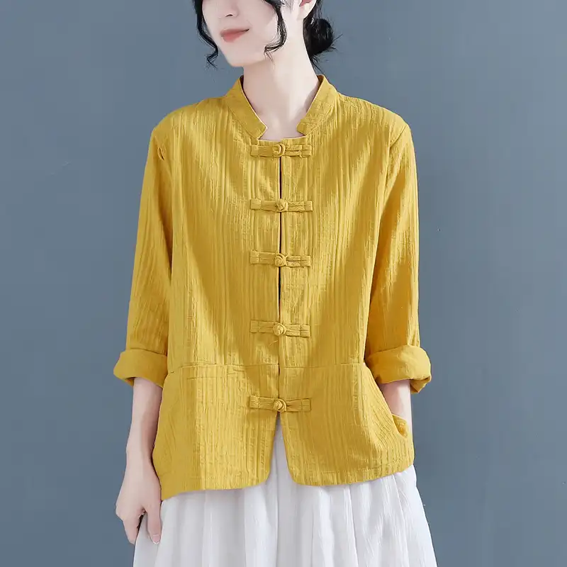 1 - Buddha Bodhis Close up of handmade frog buttons on linen jacket