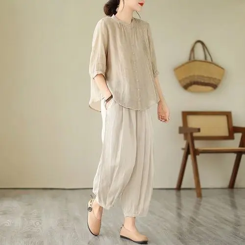 1 - Buddha Bodhis Close up of organic linen fabric texture on 2 piece outfit