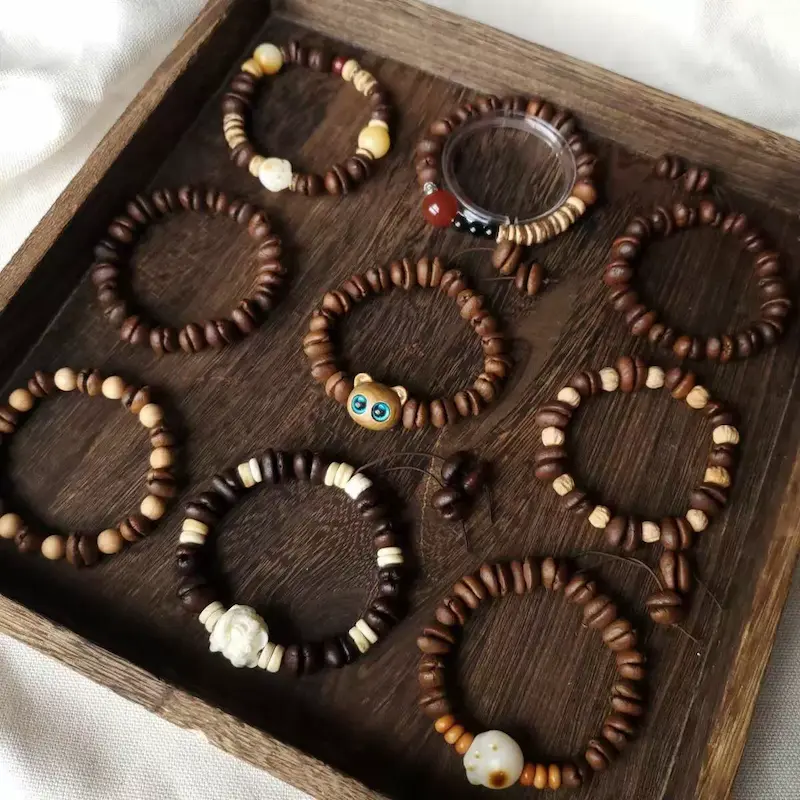 1 - Buddha Bodhis Stacking silver coffee bean bracelet with black obsidian