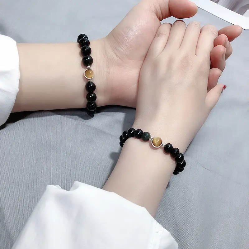 Carved Ebony Yellow Jade Bracelet | Wabi Sabi Spiral 1 - Buddha Bodhis Couple wearing matching yin yang distance bracelets