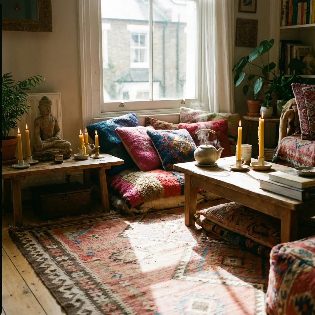 Handcrafted Natural Crystal Spell Jars | Energy Manifestation Bottle for Altar & Healing - Buddha Bodhis Cozy meditation corner ideas with altar and cushions