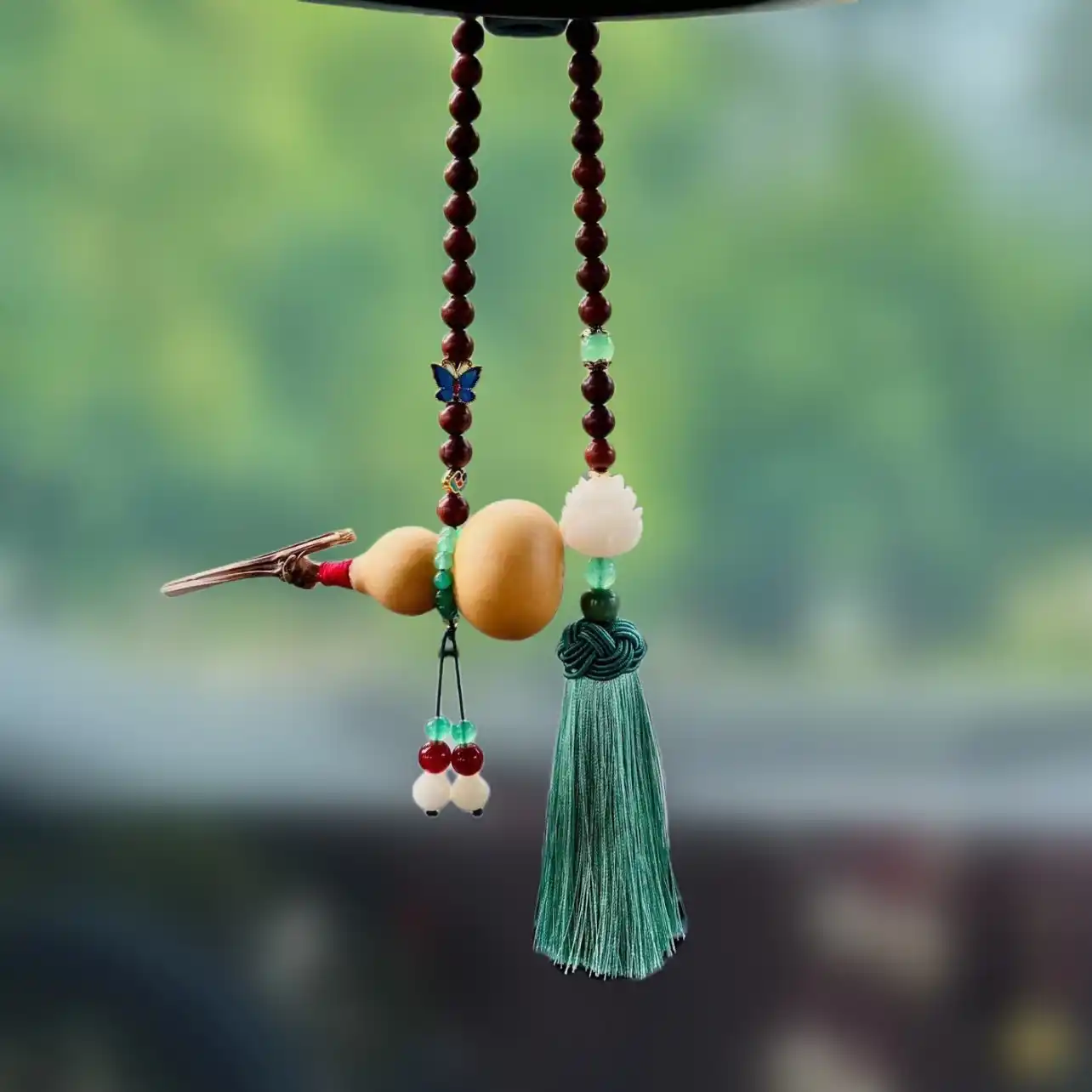 Natural Red Cinnabar God of Wealth Phone Charm | White Agate & Mantra Amulet - Buddha Bodhis Feng Shui Wu Lou car hanging ornament on rearview mirror