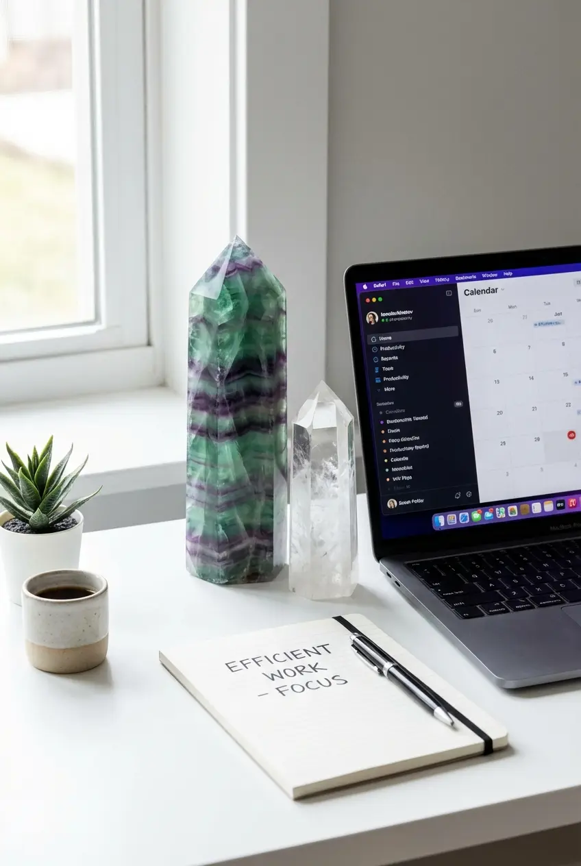 Black Ebony Wood Bracelet | Protection & Balance - Buddha Bodhis Fluorite and Clear Quartz crystals on desk for productivity