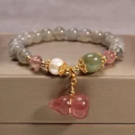 Grey Moonstone & Strawberry Quartz Wu Lou Bracelet | Health & Intuition - Buddha Bodhis Grey Moonstone & Strawberry Quartz Wu Lou Bracelet Health & Intuition