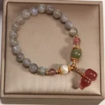 Grey Moonstone & Strawberry Quartz Wu Lou Bracelet | Health & Intuition 3 - Buddha Bodhis Grey Moonstone & Strawberry Quartz Wu Lou Bracelet Health & Intuition