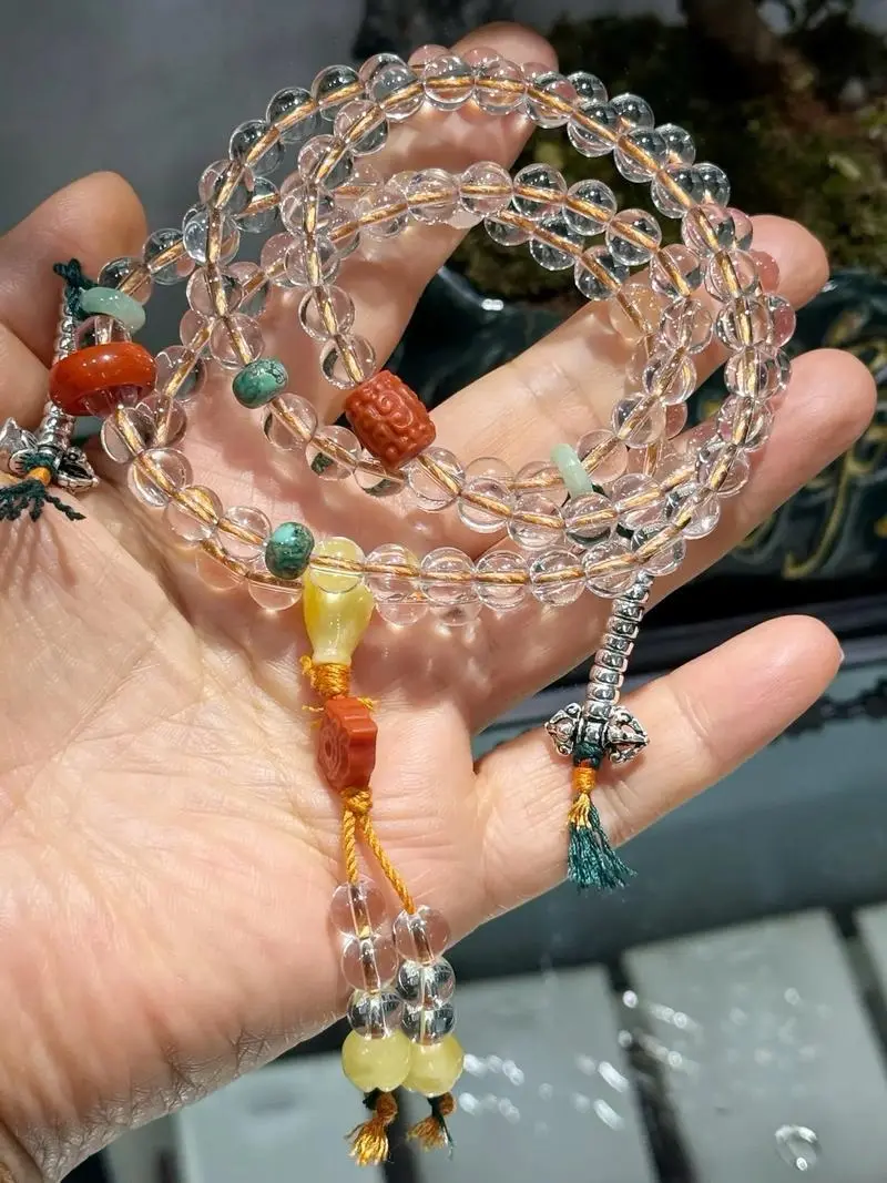 Handcrafted 108 Red Agate Mala Bracelet | Lapis Lazuli & Agate Amulet - Buddha Bodhis Hand knotted 108 bead gemstone mala necklace detail