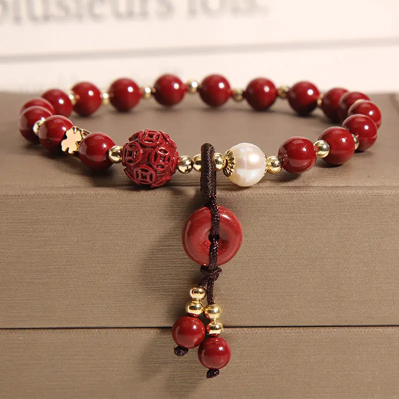 Handcrafted Natural Red Cinnabar Bracelet Safety Buckle, Pearl & Lucky Clover (1) Handcrafted Natural Red Cinnabar Bracelet Safety Buckle, Pearl & Lucky Clover
