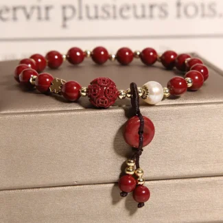 Handcrafted Natural Red Cinnabar Bracelet Safety Buckle, Pearl & Lucky Clover