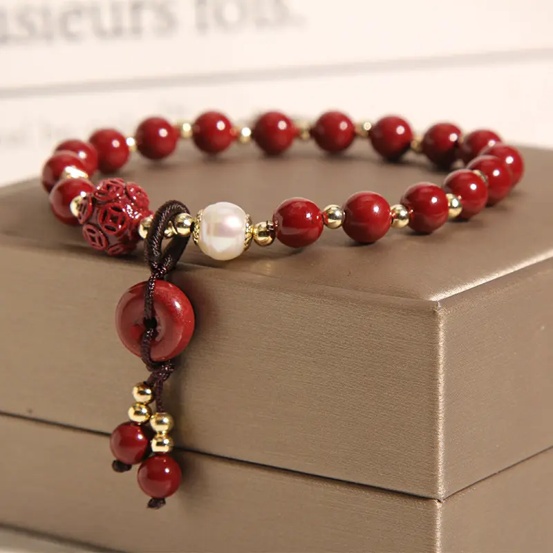 Handcrafted Natural Red Cinnabar Bracelet Safety Buckle, Pearl & Lucky Clover (3) Handcrafted Natural Red Cinnabar Bracelet Safety Buckle, Pearl & Lucky Clover