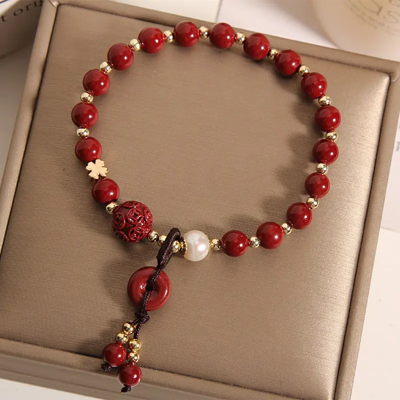 Handcrafted Natural Red Cinnabar Bracelet Safety Buckle, Pearl & Lucky Clover (4) Handcrafted Natural Red Cinnabar Bracelet Safety Buckle, Pearl & Lucky Clover