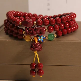 Handcrafted Natural Red Cinnabar Mala Bracelet Pixiu Wealth & Lotus Rebirth