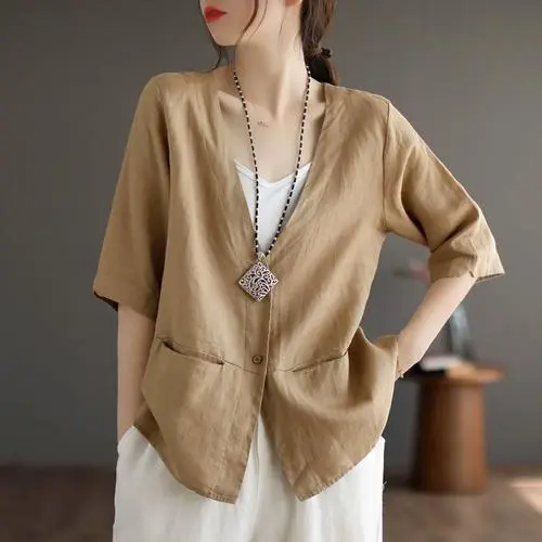 - Buddha Bodhis Long linen duster coat layered over yoga clothes boho style