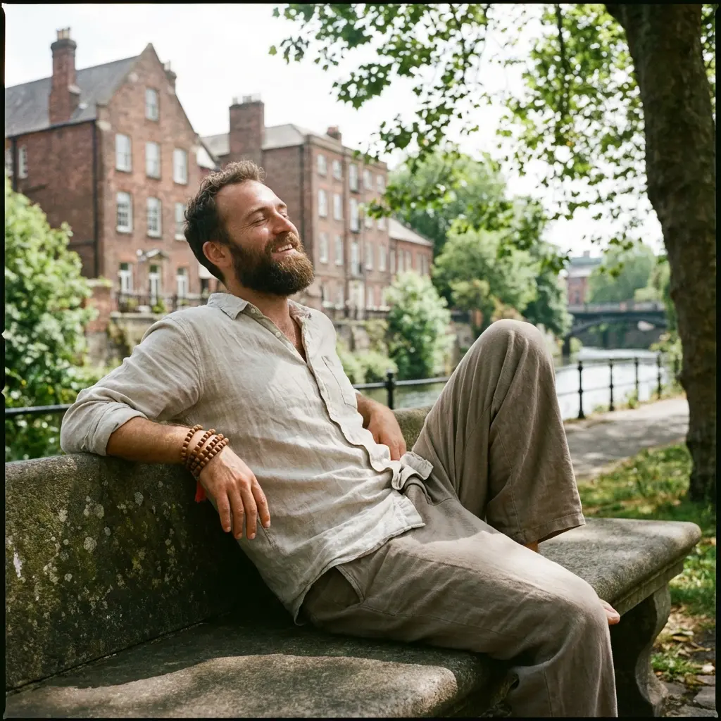 - Buddha Bodhis Man wearing organic linen meditation clothes and wrist mala