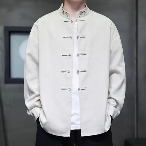 - Buddha Bodhis Men's linen mandarin collar shirt with frog buttons texture